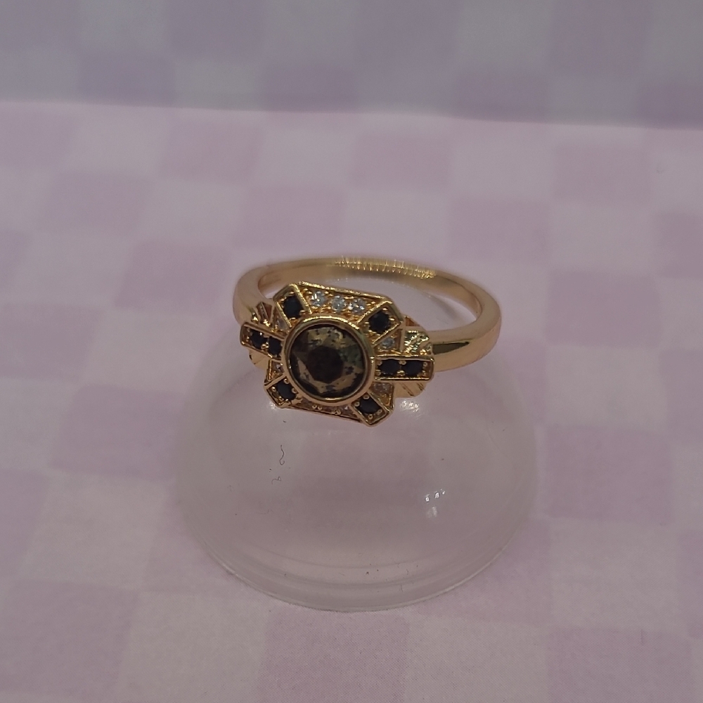 Gold-Tone Women’s Statement Ring with Black and Clear Accents - Size 8